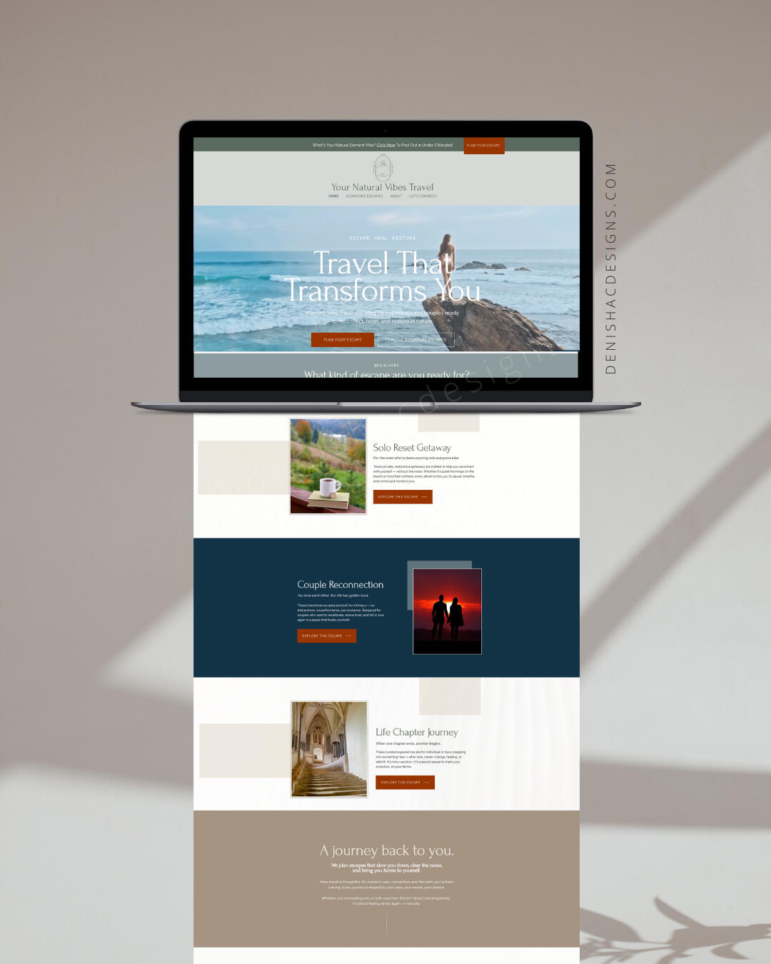 YOUR NATURAL VIBES TRAVEL Timeless digital experience reflecting transformation, intention, and experiential travel branding.